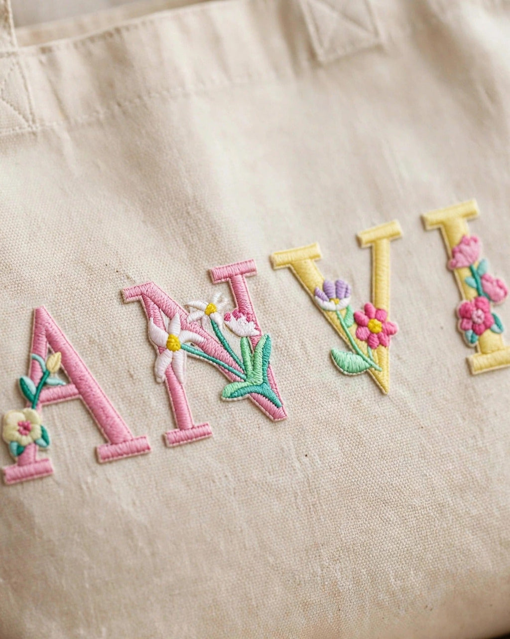 Custom Floral Alphabet Tote Bag – Beige – embroidery close-up