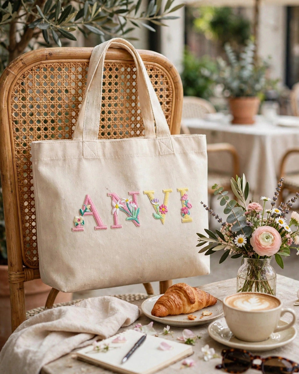 Custom Floral Alphabet Tote Bag – Beige – styled lifestyle