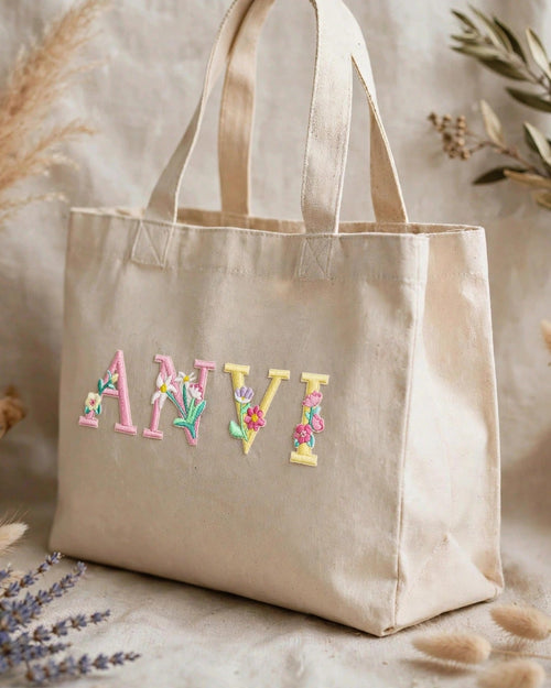 Custom Floral Alphabet Tote Bag – Beige – side view