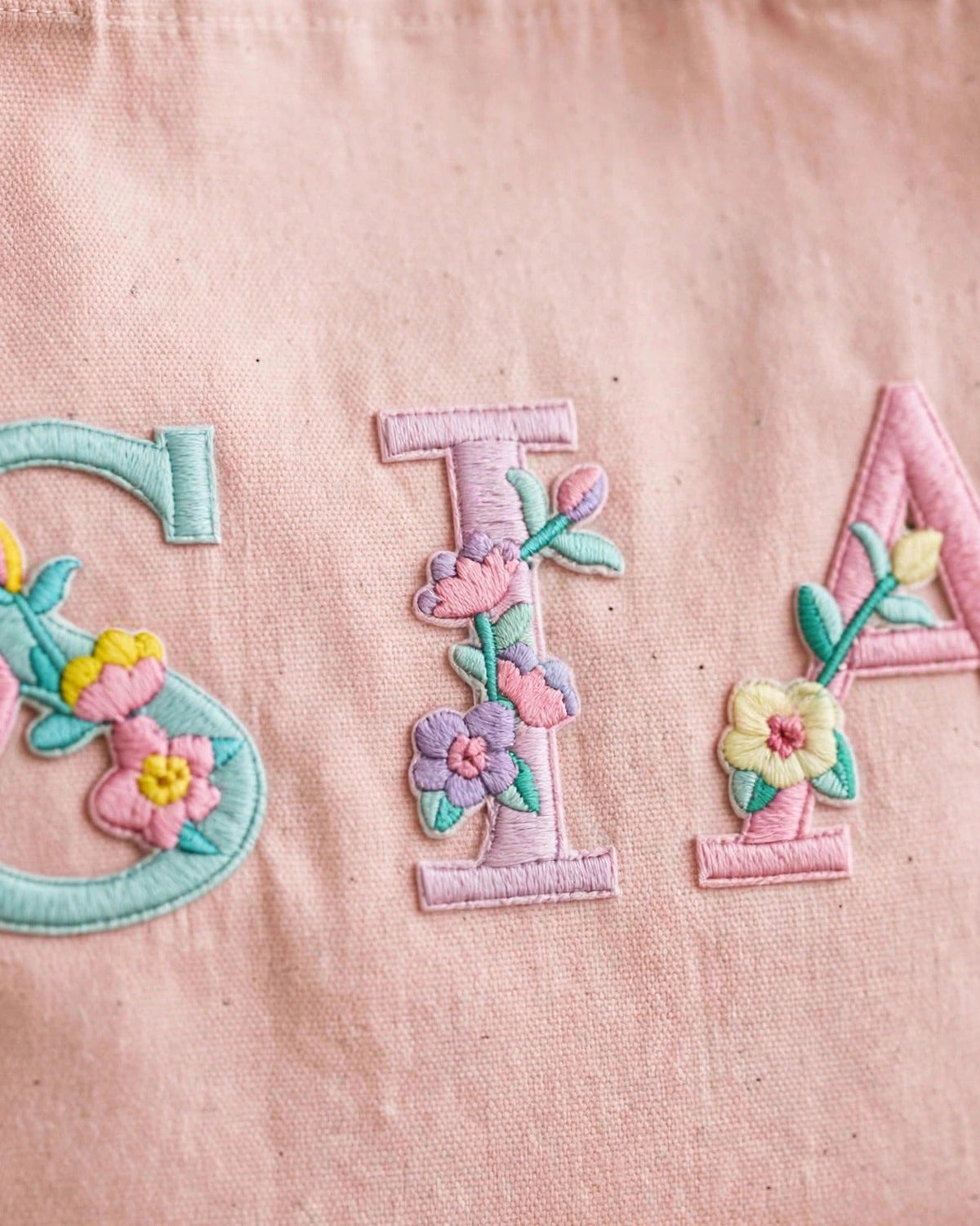 Custom Floral Alphabet Tote Bag – Blush Pink – embroidery close-up