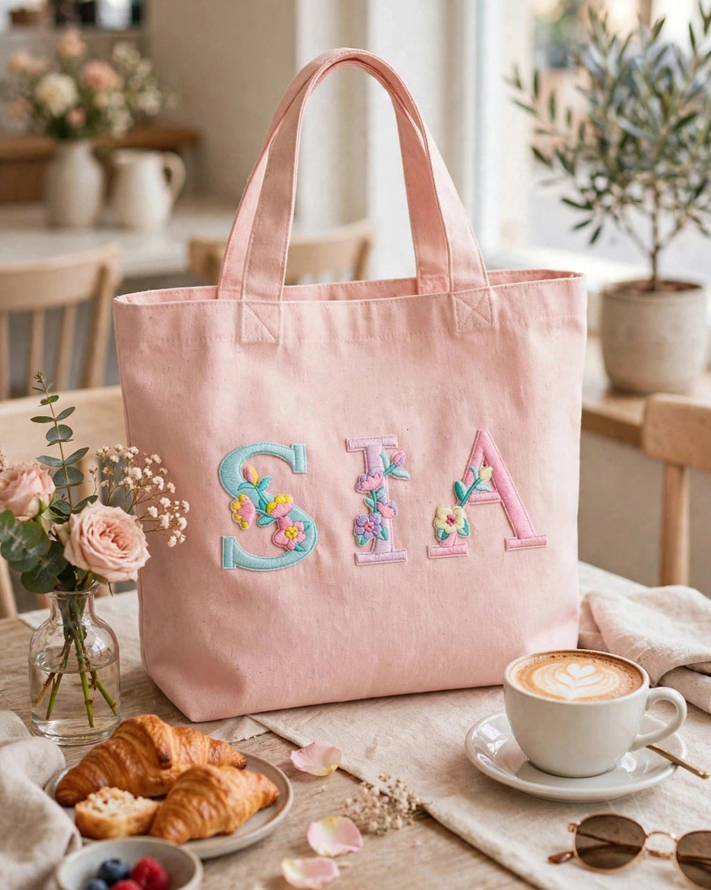 Custom Floral Alphabet Tote Bag – Blush Pink – styled lifestyle