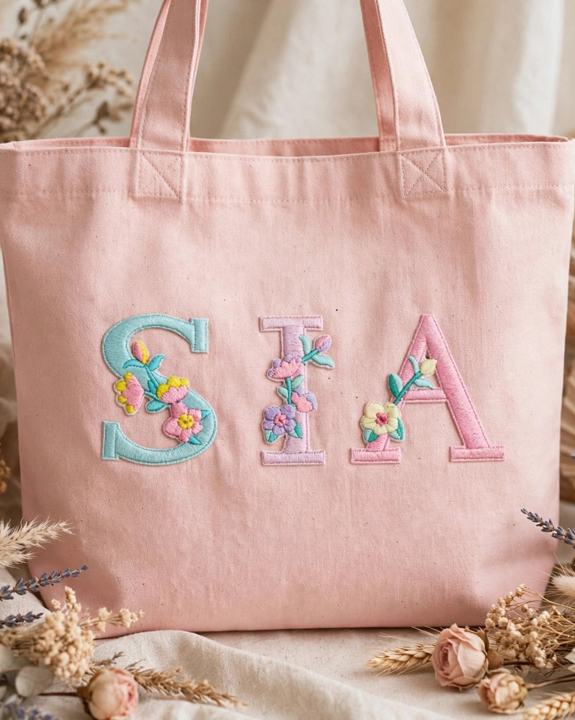 Custom Floral Alphabet Tote Bag – Blush Pink with SIA in pastel floral embroidered alphabet letters
