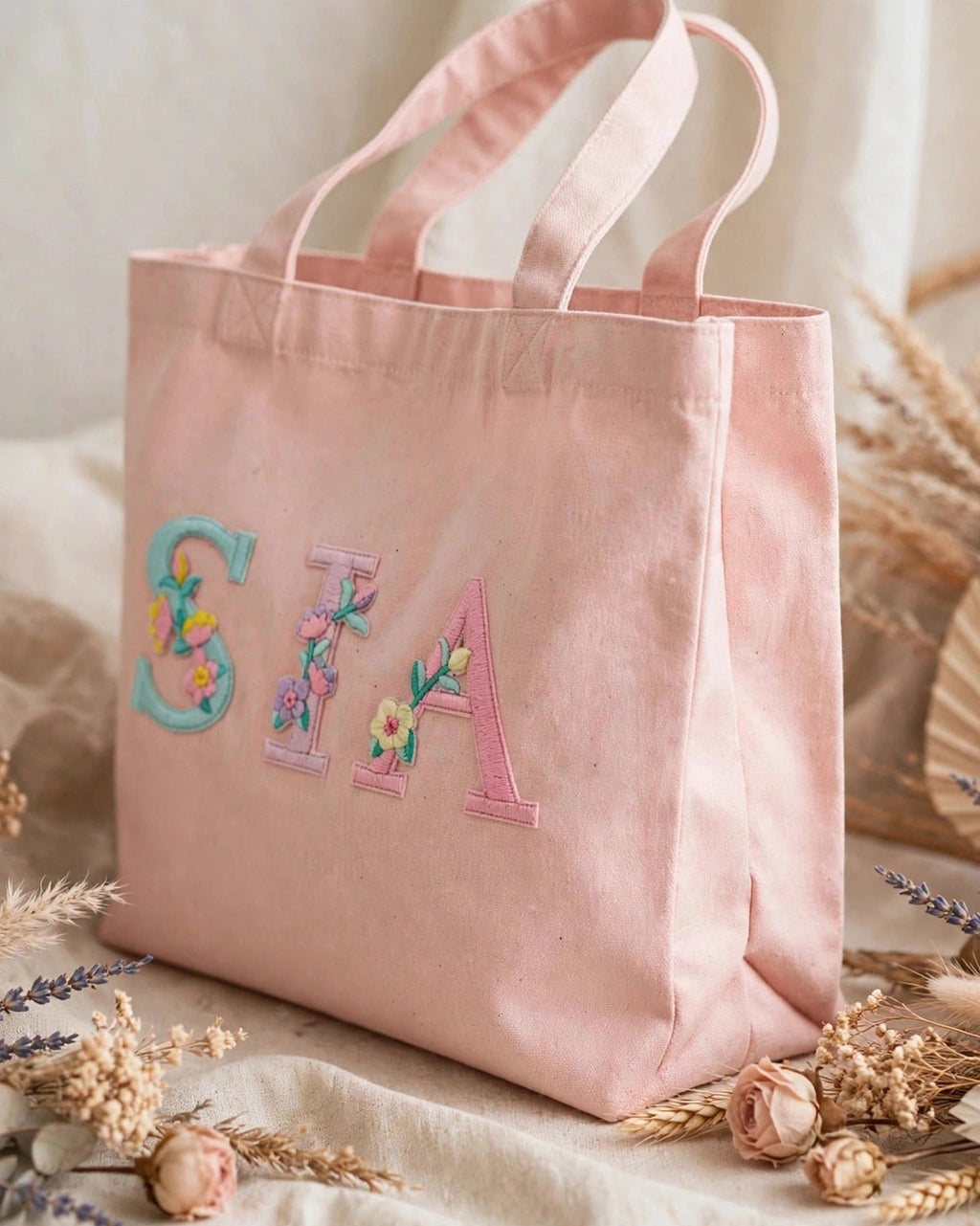 Custom Floral Alphabet Tote Bag – Blush Pink – side view