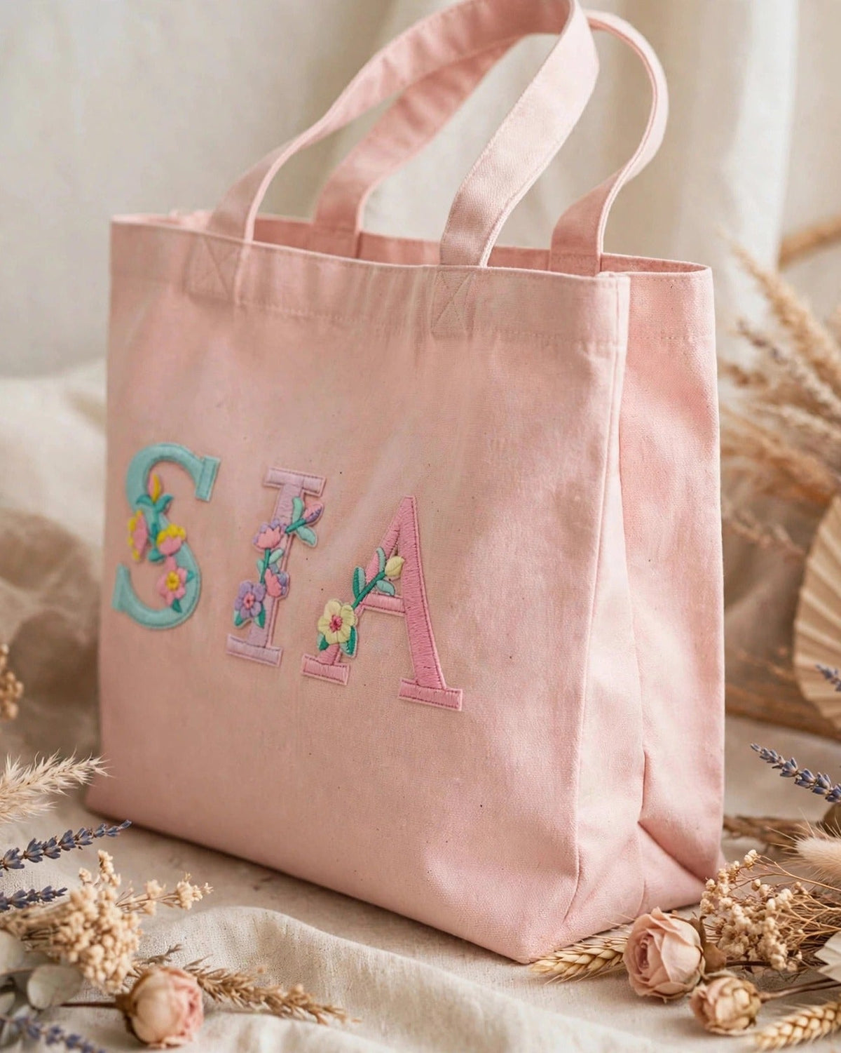 Custom Floral Alphabet Tote Bag – Blush Pink – side view