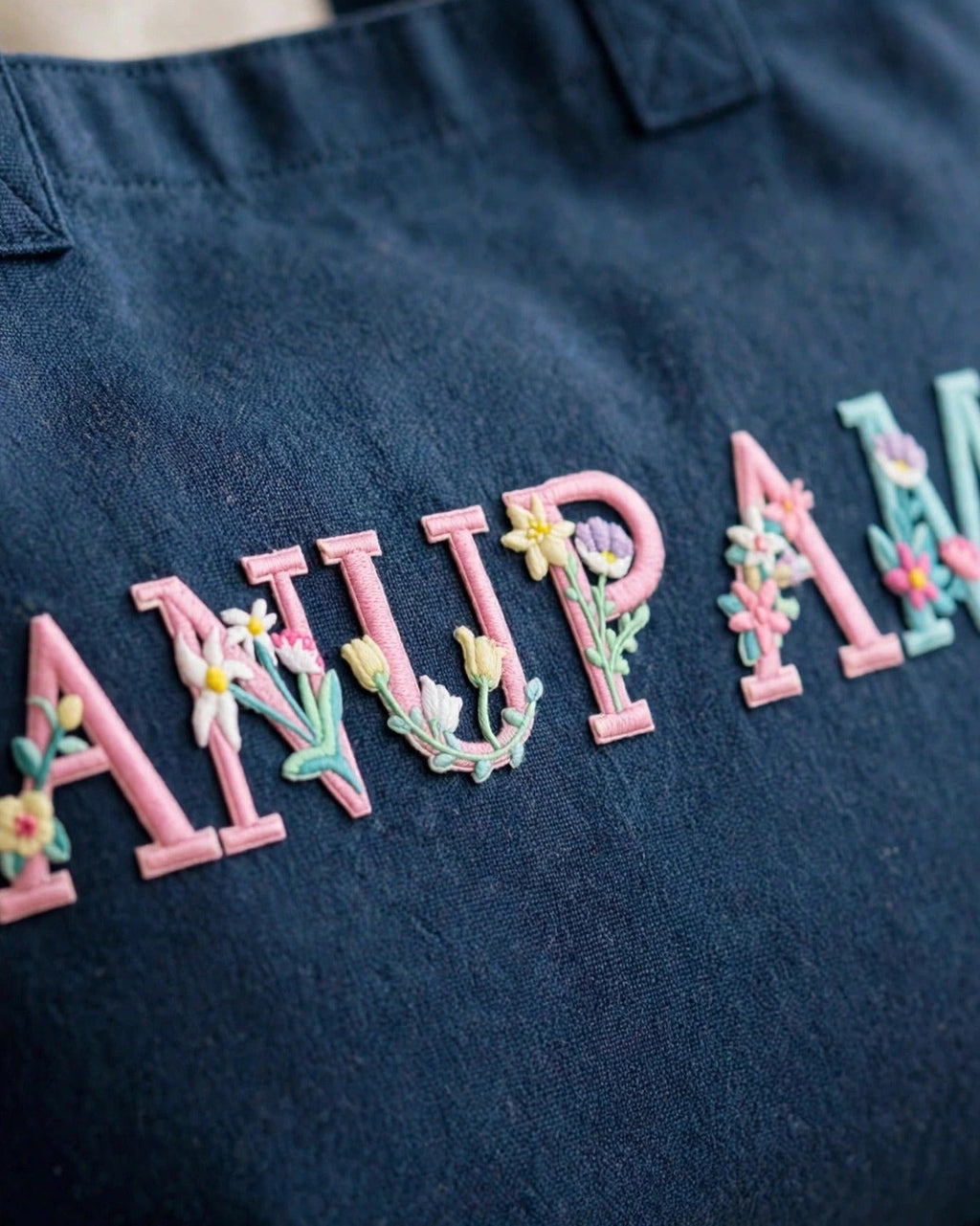 Custom Floral Alphabet Tote Bag – Dark Denim – embroidery close-up