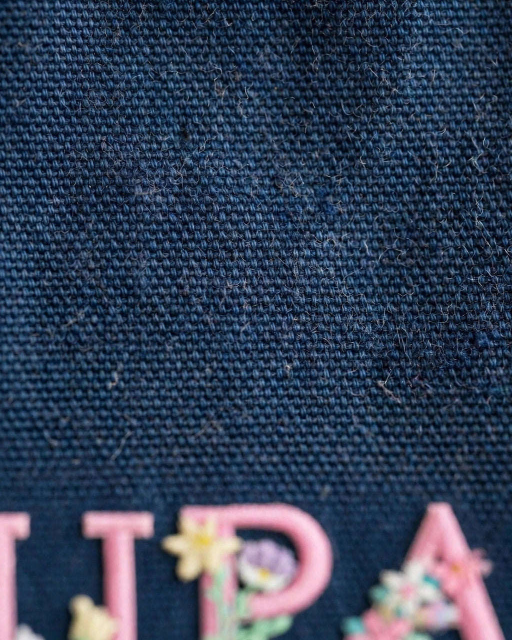 Custom Floral Alphabet Tote Bag – Dark Denim – fabric texture close-up