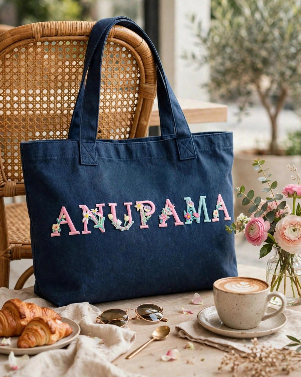 Custom Floral Alphabet Tote Bag – Dark Denim – styled lifestyle