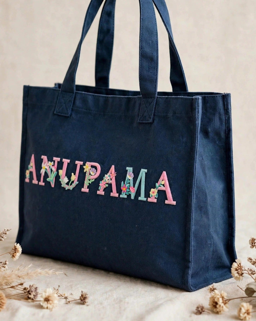 Custom Floral Alphabet Tote Bag – Dark Denim – side view