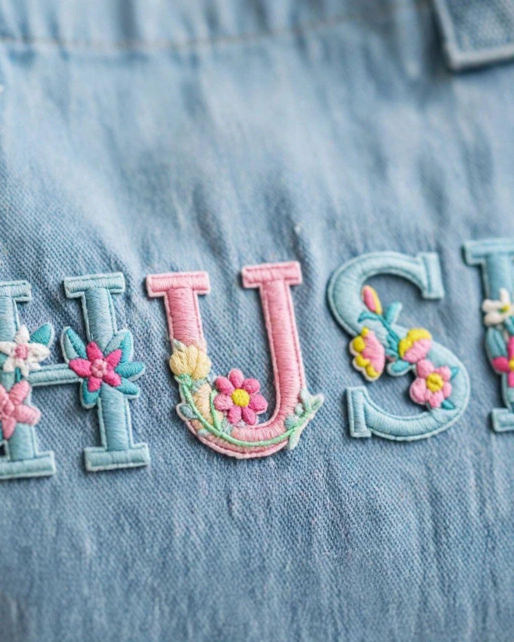 Custom Floral Alphabet Tote Bag – Light Denim – embroidery close-up