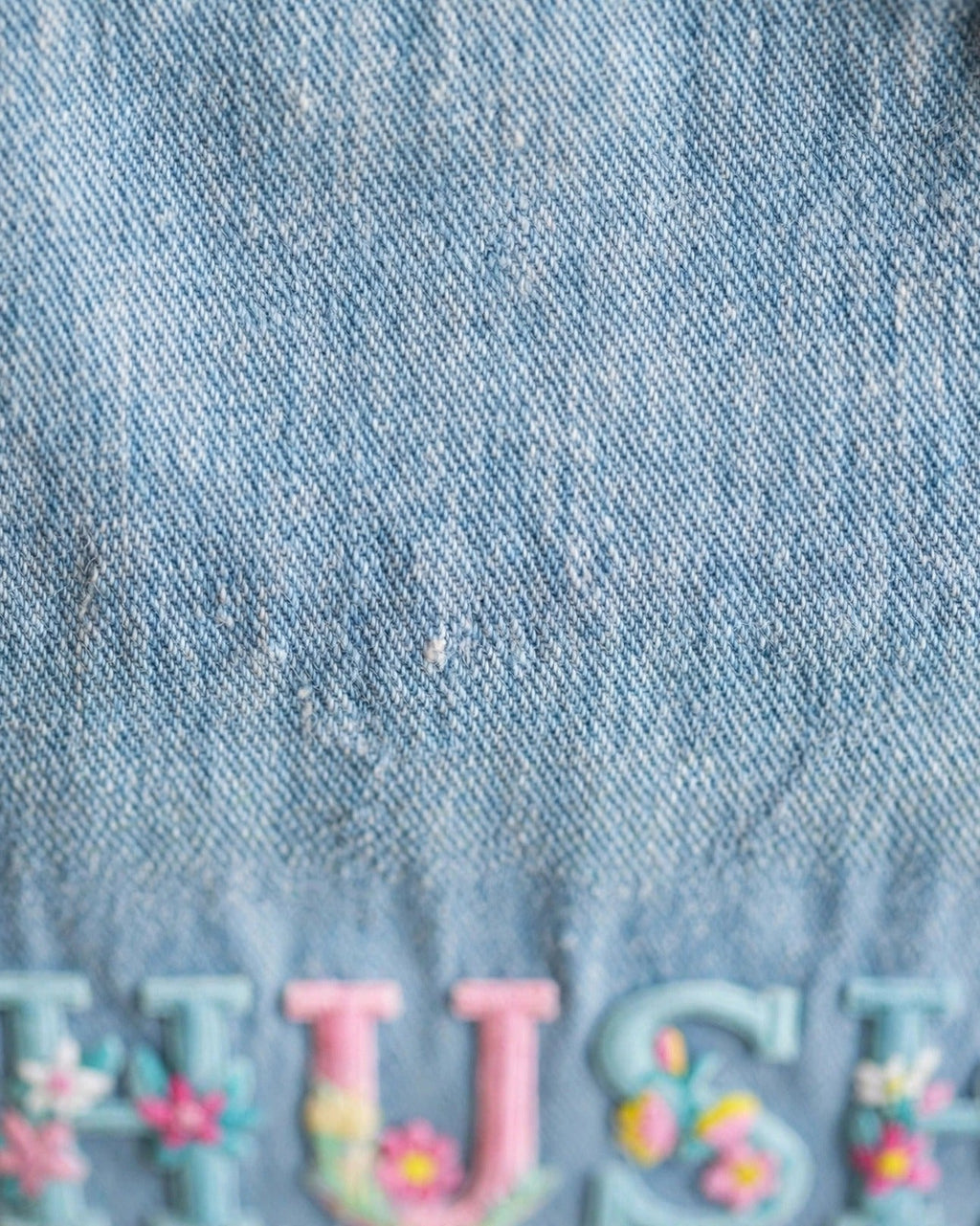 Custom Floral Alphabet Tote Bag – Light Denim – fabric texture close-up