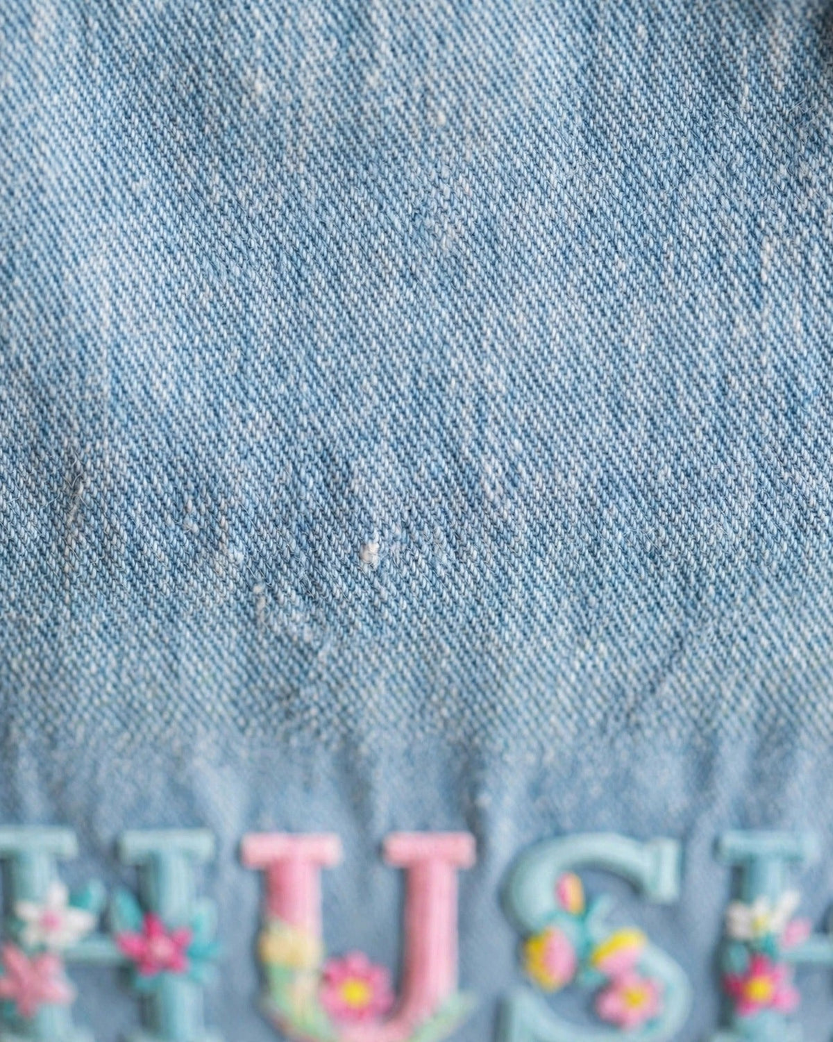 Custom Floral Alphabet Tote Bag – Light Denim – fabric texture close-up