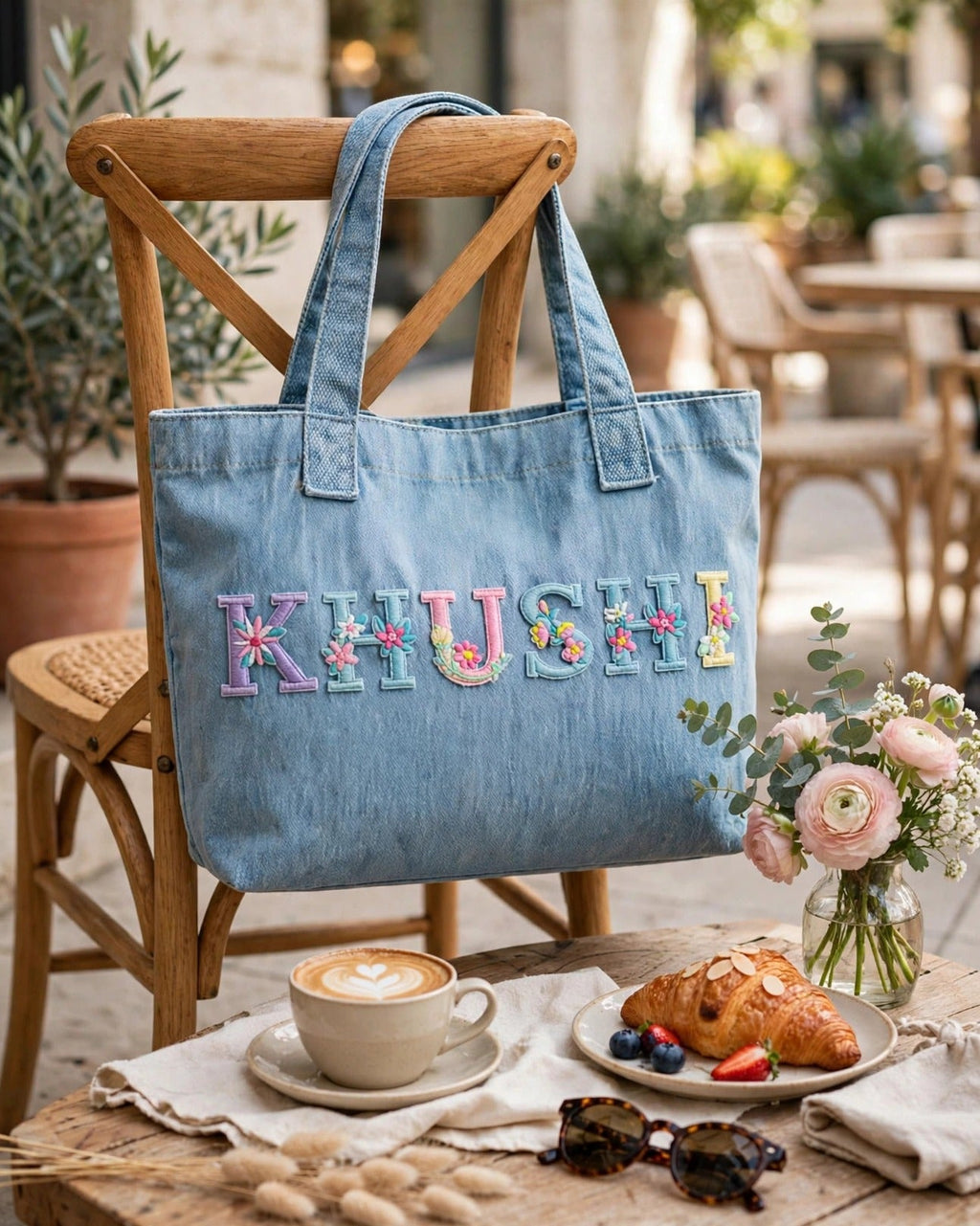 Custom Floral Alphabet Tote Bag – Light Denim – styled lifestyle