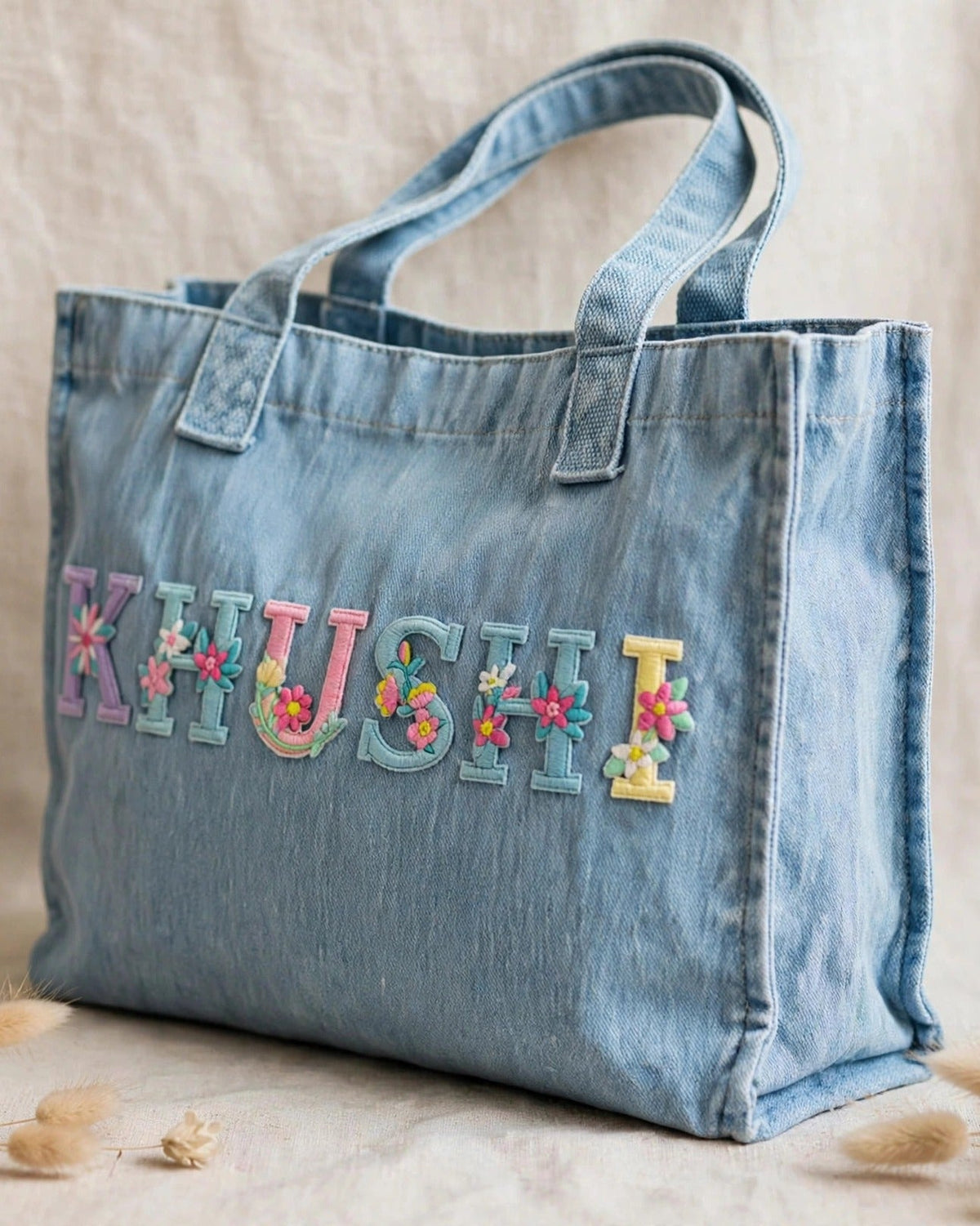 Custom Floral Alphabet Tote Bag – Light Denim – side view