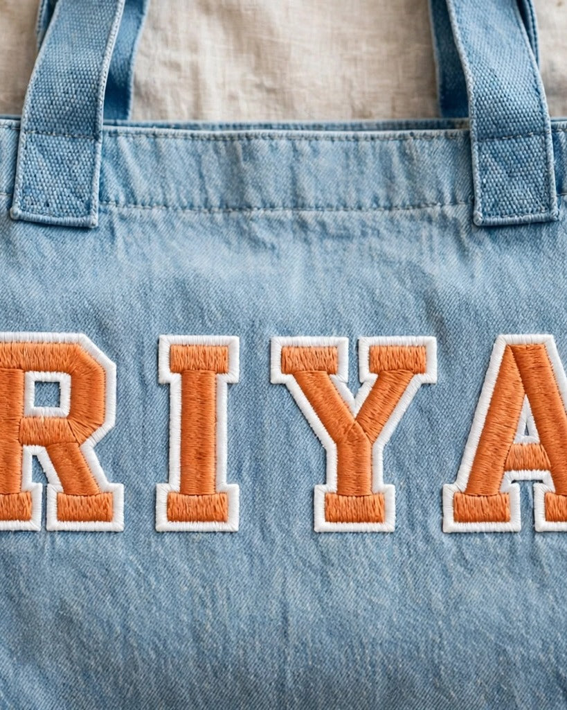 Light denim tote with RIYA in orange chunky patch letters