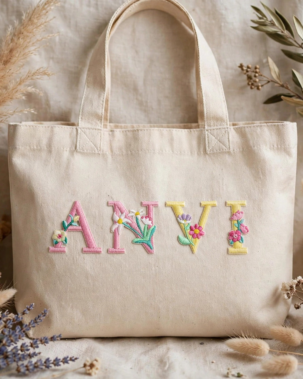 Beige canvas tote with ANVI in pastel floral embroidered alphabet letters