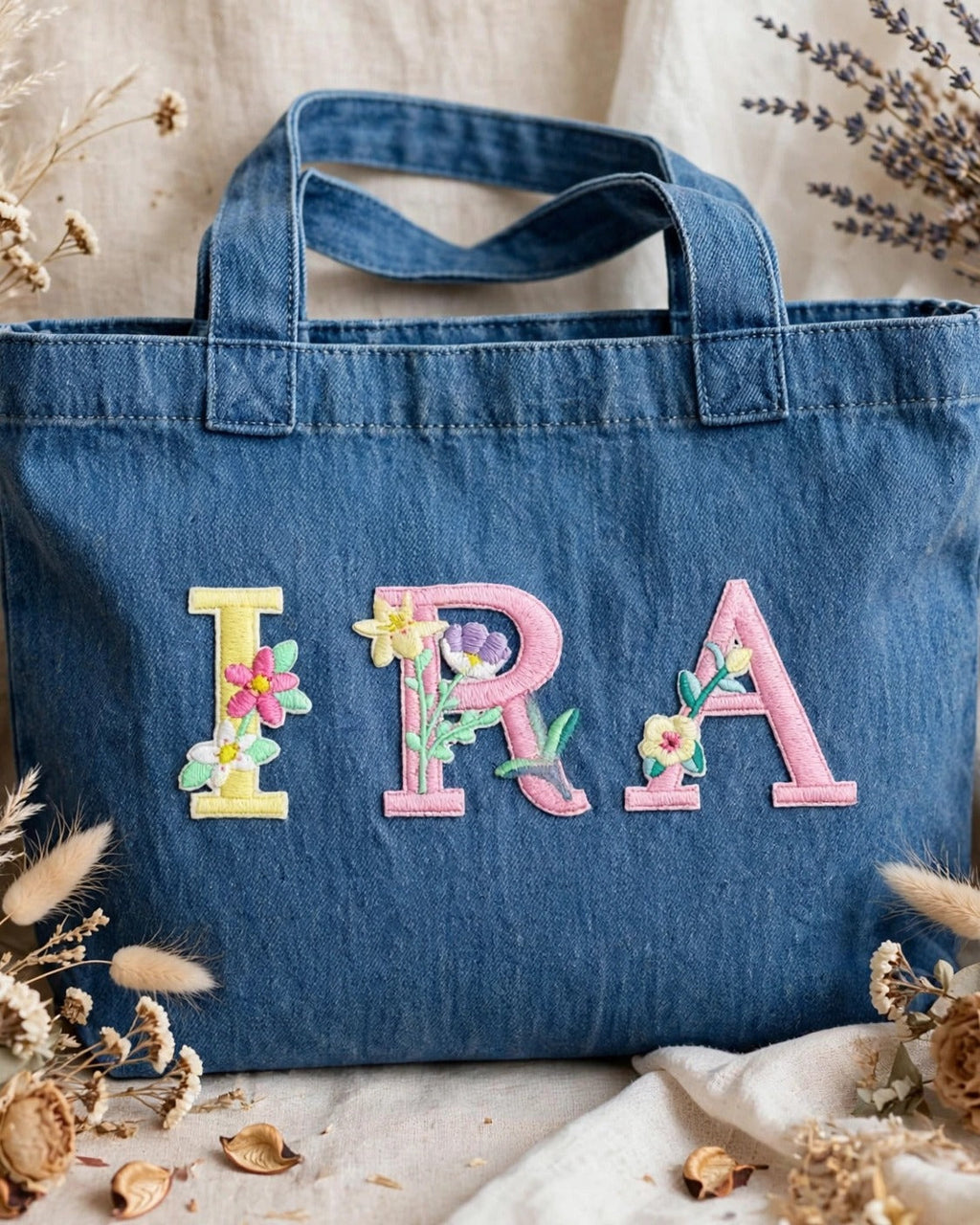 Denim blue canvas tote with IRA in pastel floral embroidered alphabet letters