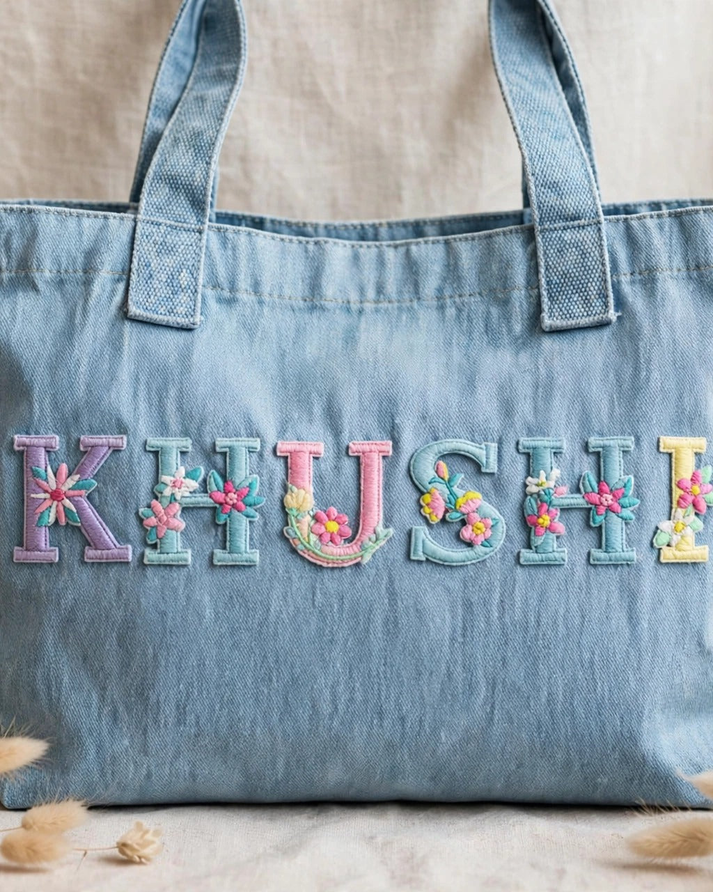 Light denim canvas tote with KHUSHI in pastel floral embroidered alphabet letters