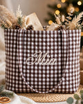 Brown gingham quilted tote with Mia embroidered in cream script