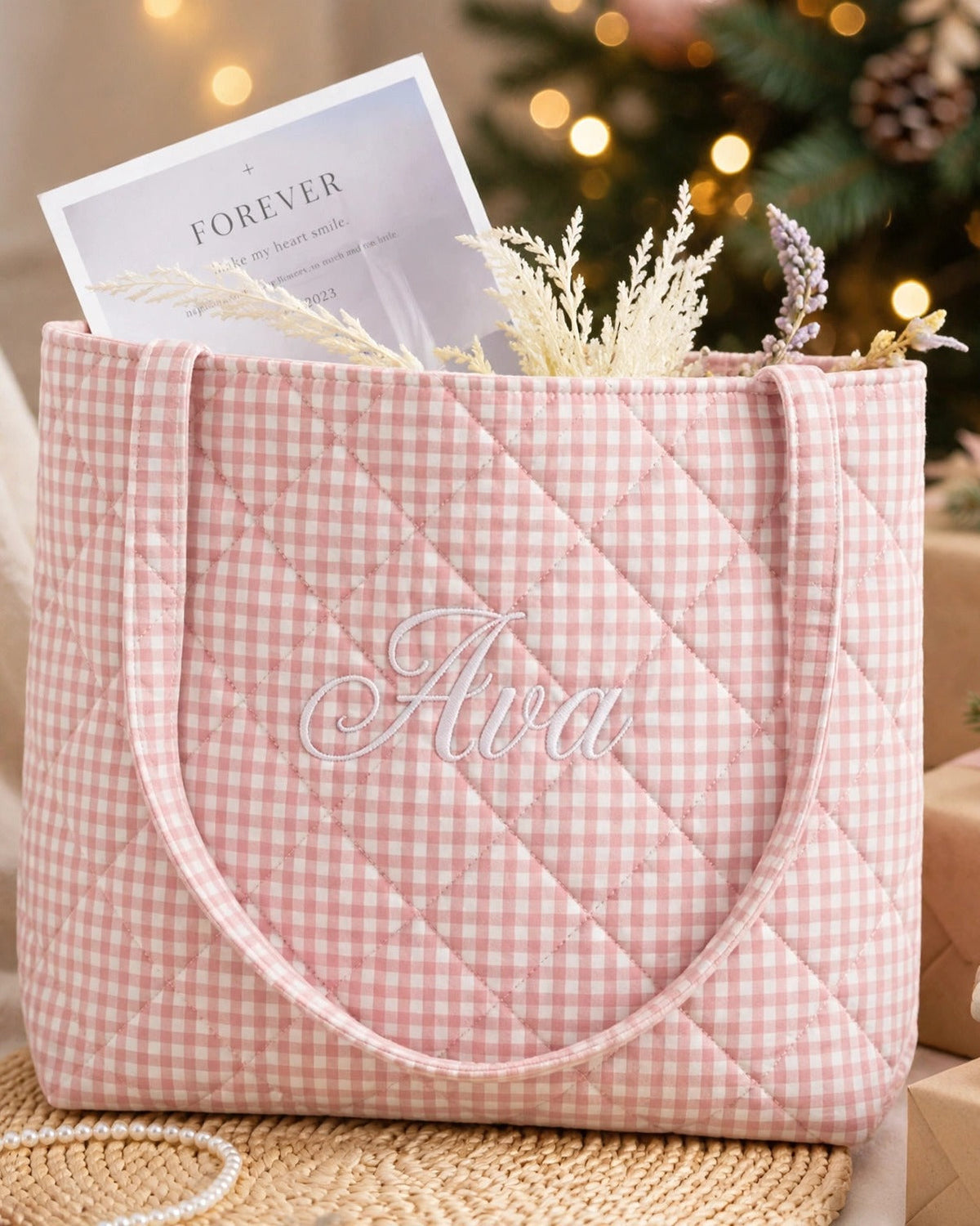 Pink gingham quilted tote with Ava embroidered in white script