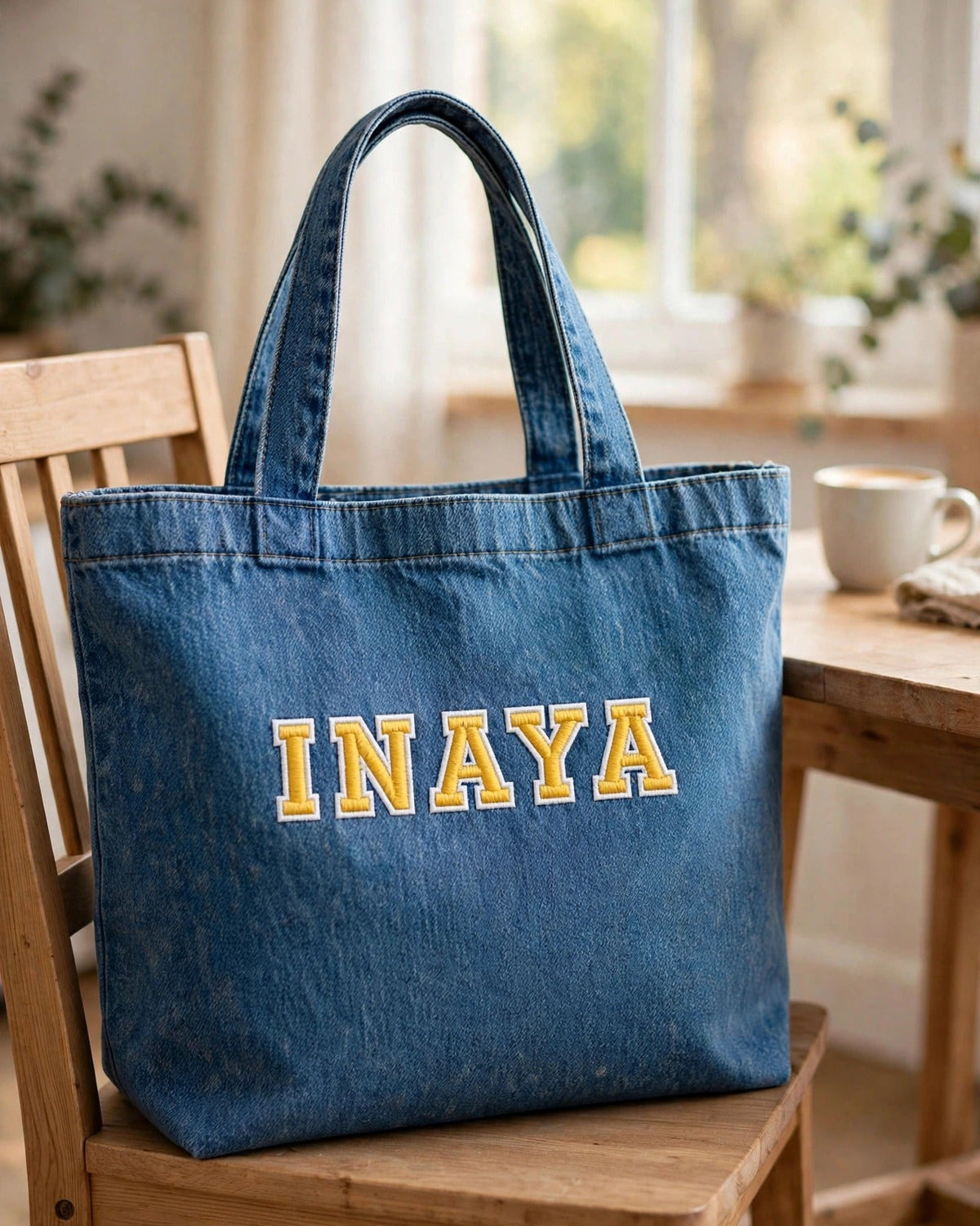 Medium denim tote with small yellow patch letters - lifestyle shot on wooden chair