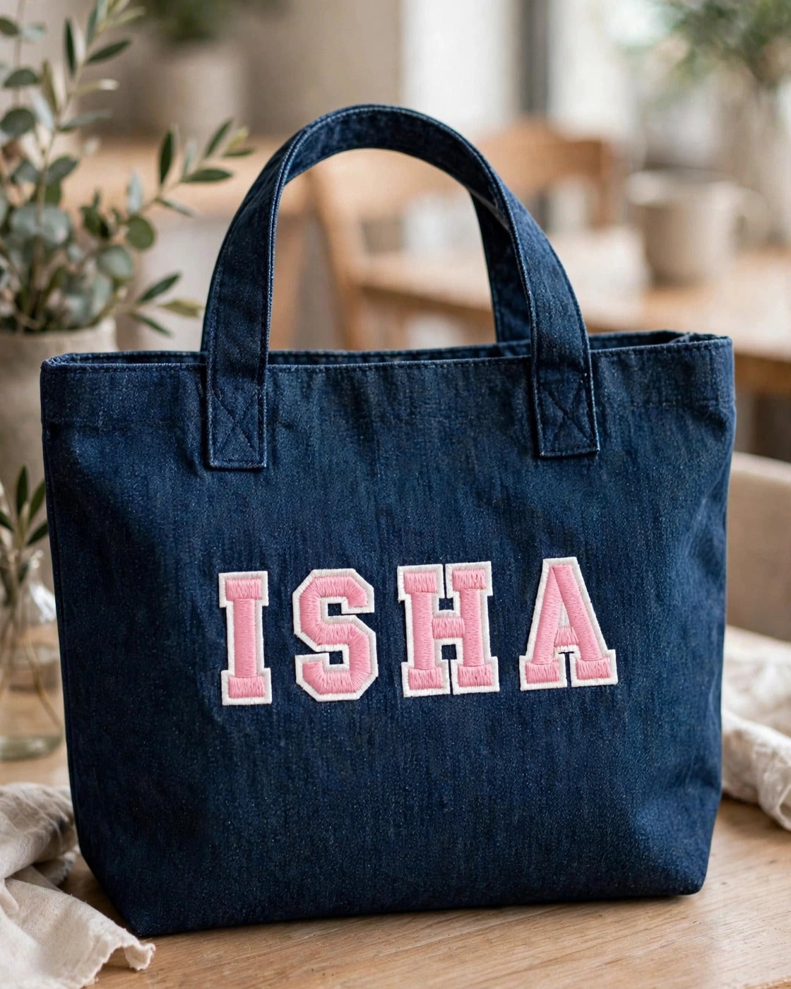 Dark denim tote with small pink patch letters – lifestyle setting