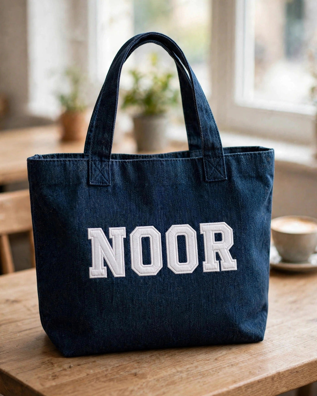 Dark denim tote with small white patch letters – lifestyle shot
