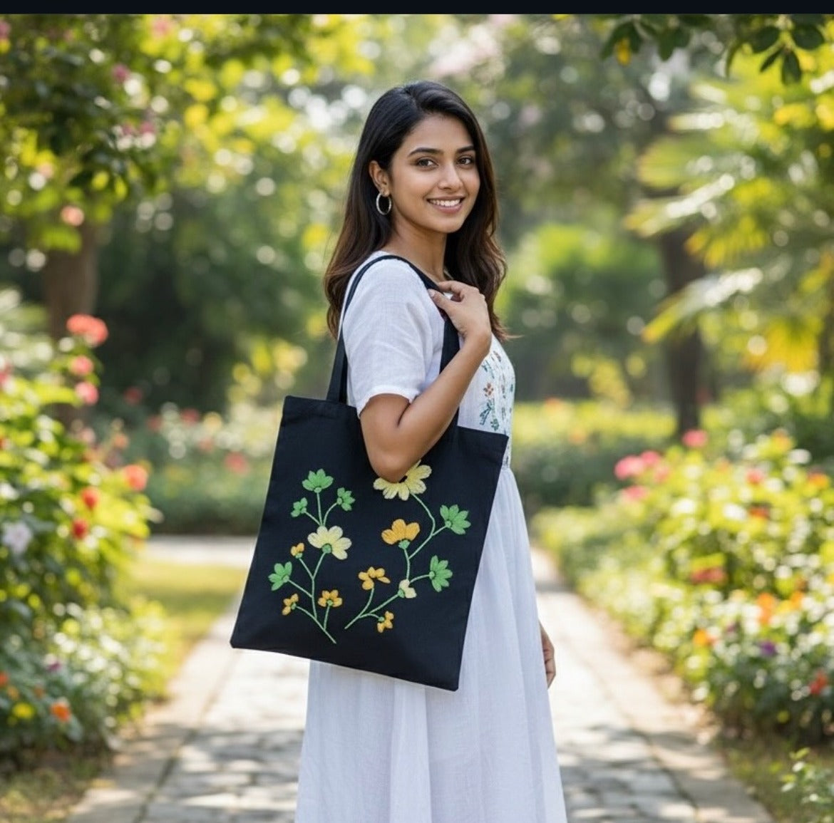 Wildflower meadow embroidered black tote bag