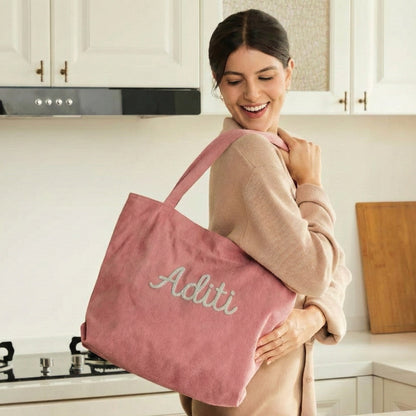 Handmade Corduroy Tote Bag Custom Embroidered Minimal Tote, Aesthetic Everyday Shoulder Bag, Gift for Her