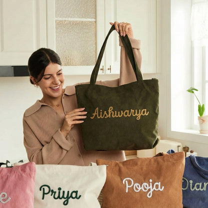 Handmade Corduroy Tote Bag Custom Embroidered Minimal Tote, Aesthetic Everyday Shoulder Bag, Gift for Her