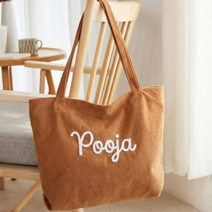 Handmade Corduroy Tote Bag Custom Embroidered Minimal Tote, Aesthetic Everyday Shoulder Bag, Gift for Her