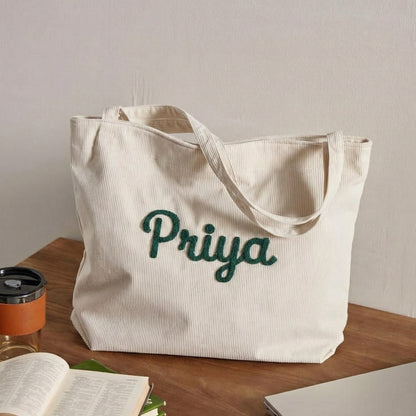 Handmade Corduroy Tote Bag Custom Embroidered Minimal Tote, Aesthetic Everyday Shoulder Bag, Gift for Her