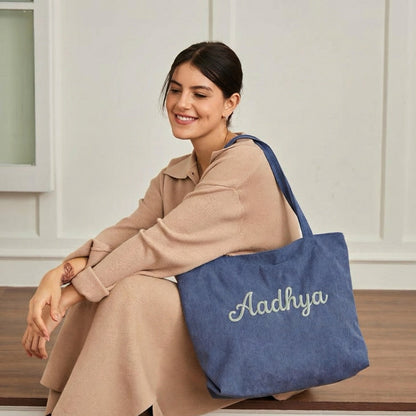 Handmade Corduroy Tote Bag Custom Embroidered Minimal Tote, Aesthetic Everyday Shoulder Bag, Gift for Her