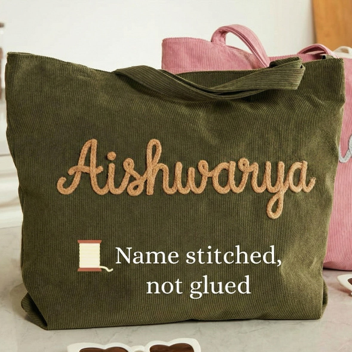 Handmade Corduroy Tote Bag Custom Embroidered Minimal Tote, Aesthetic Everyday Shoulder Bag, Gift for Her