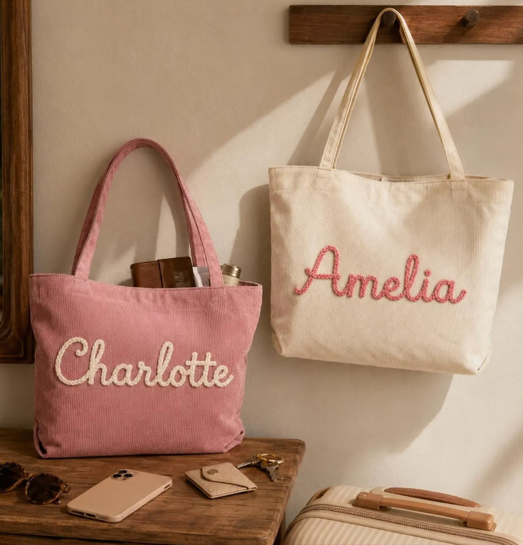 Custom name embroidered corduroy tote bags by Style by Prints