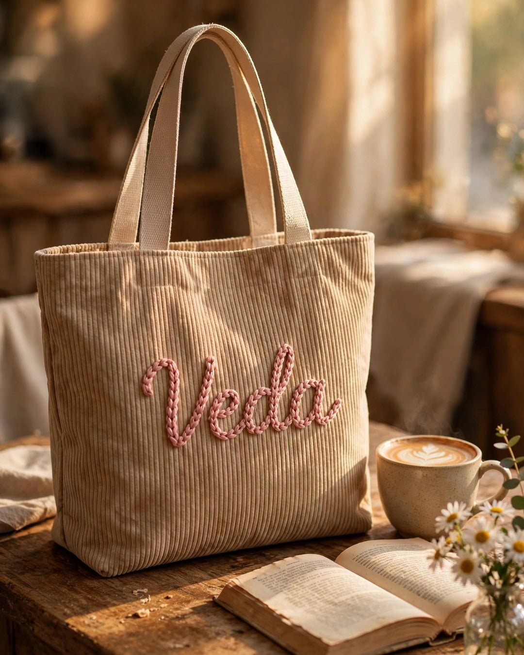 Beige corduroy tote bag with the name Veda hand-embroidered on a cafe table