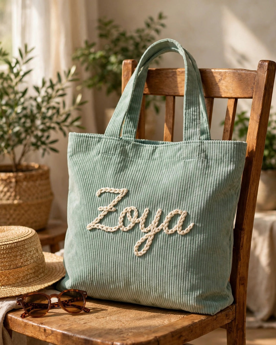 Mint green corduroy tote bag with the name Zoya hand-embroidered on a wooden chair